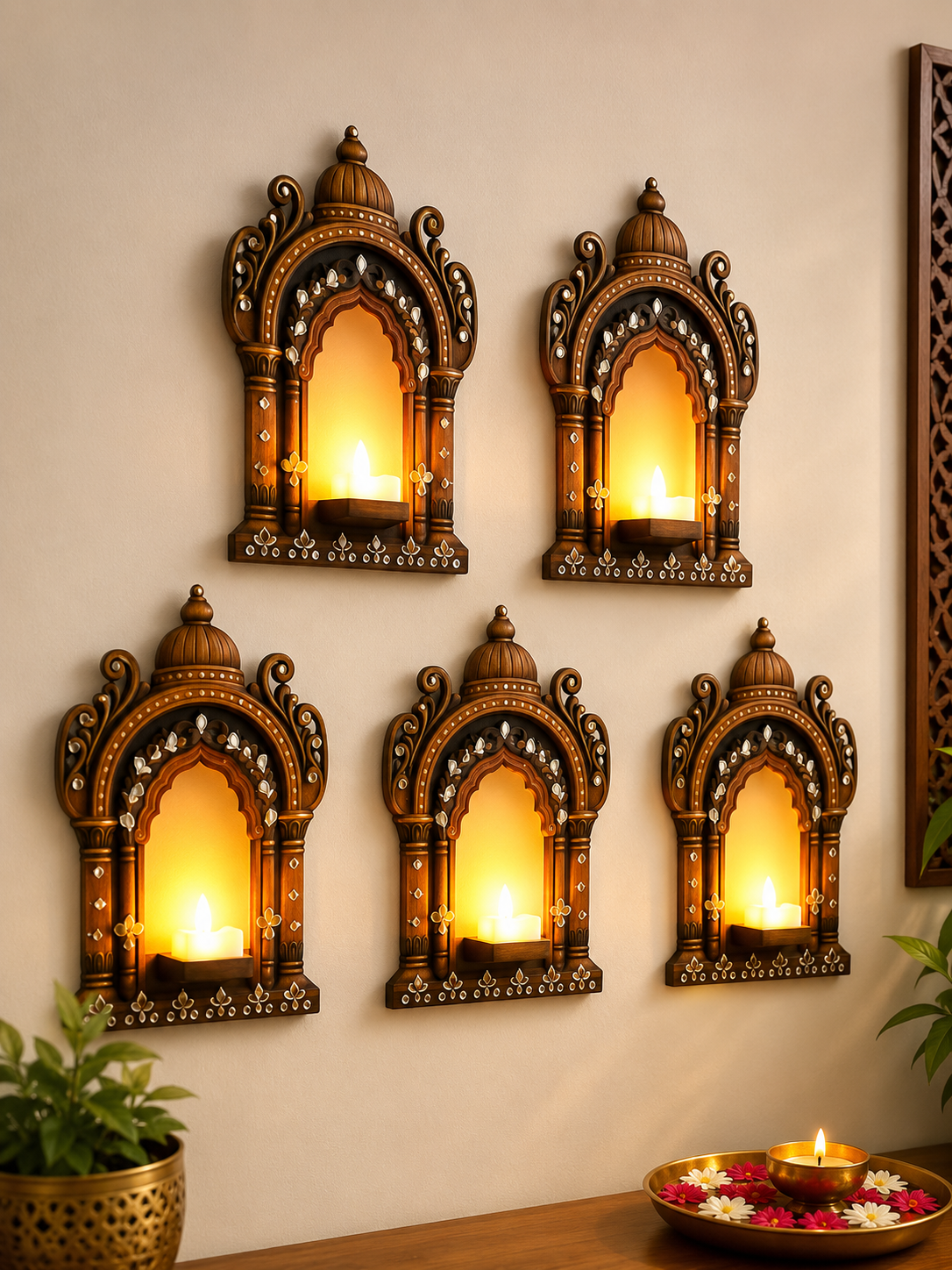 3D Jharokha Wall Tealight Holder – Pair (Without LED Candles )