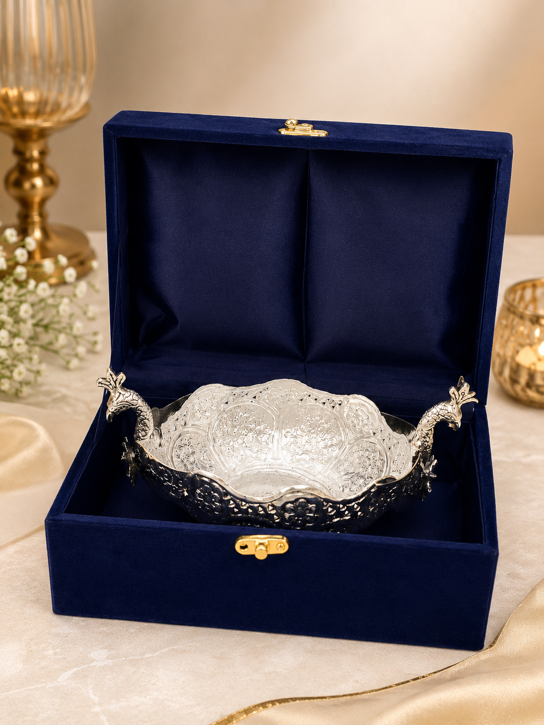 Antique German Silver Double Peacock Urli with Velvet Box