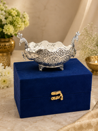 Antique German Silver Double Peacock Urli with Velvet Box