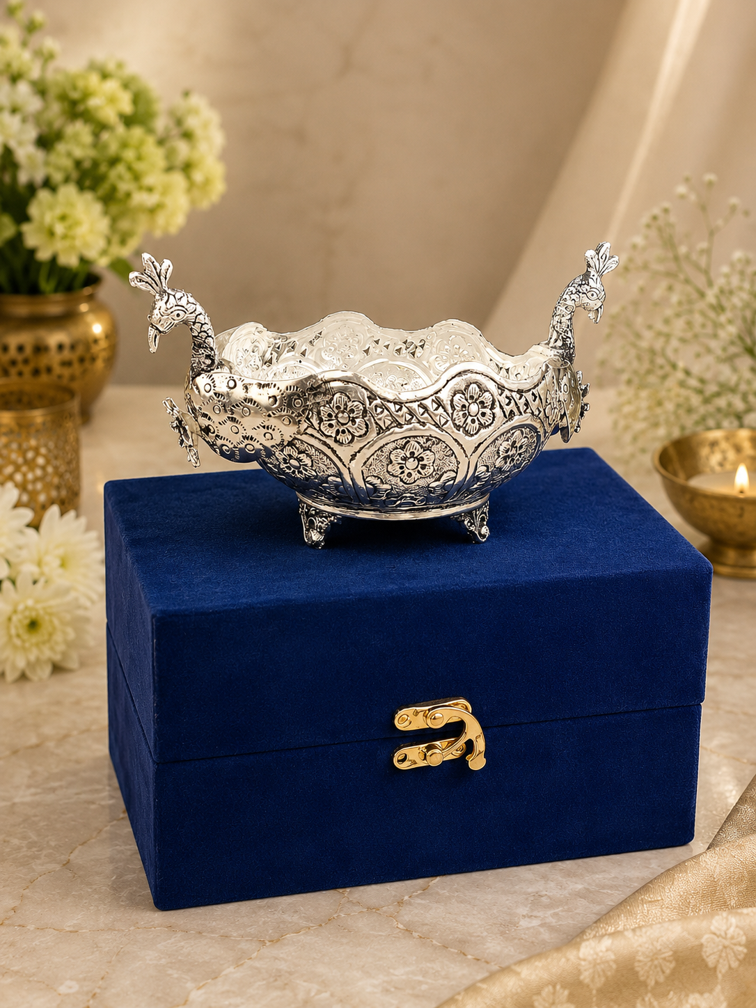 Antique German Silver Double Peacock Urli with Velvet Box
