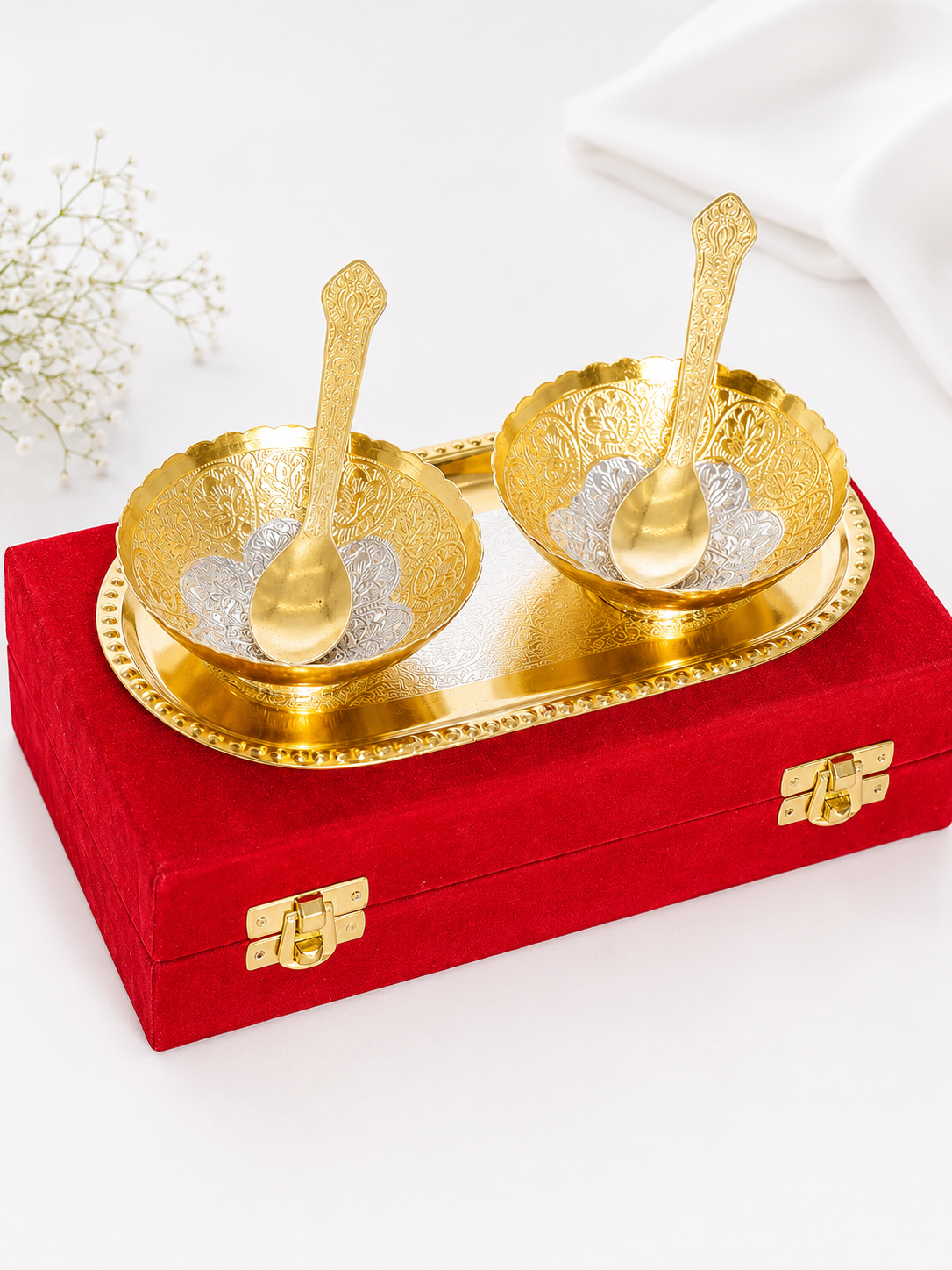 Elegant German Silver Gold-Plated Bowl Set with Tray & Velvet Box