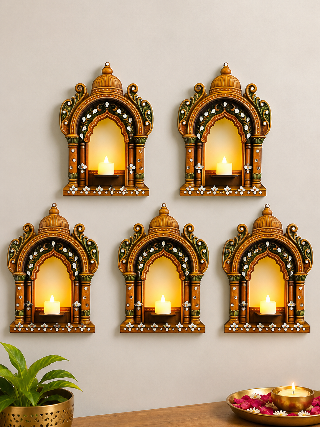 3D Jharokha Wall Tealight Holder – Pair (Without LED Candles )