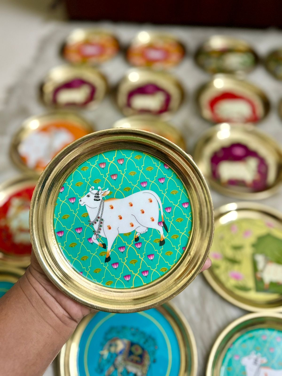 Brass Cow Design Decorative Plate (6 Inch) - Set of 5