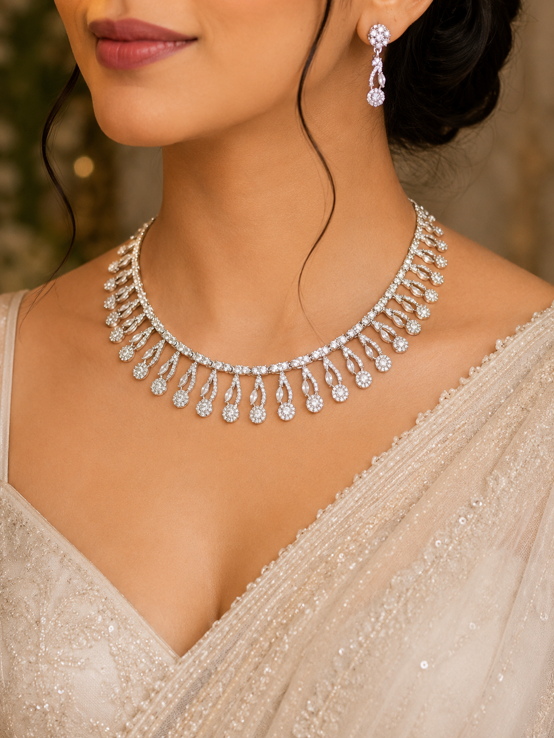 Elegant American Diamond Silver Necklace Set with Earrings