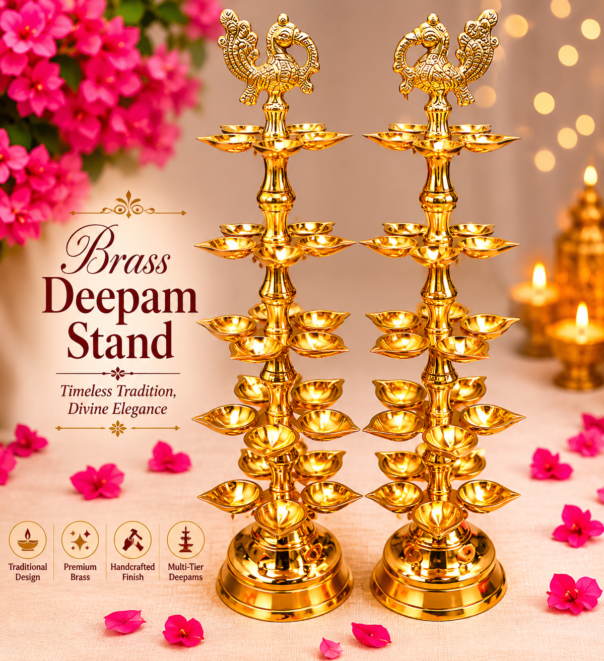 Beautiful Brass Peacock Deepam Lamp Set