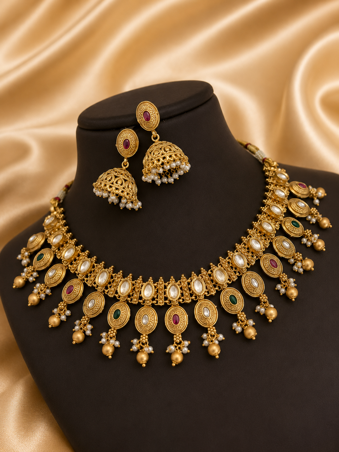 Brass High Gold Antique Necklace Set with Earrings