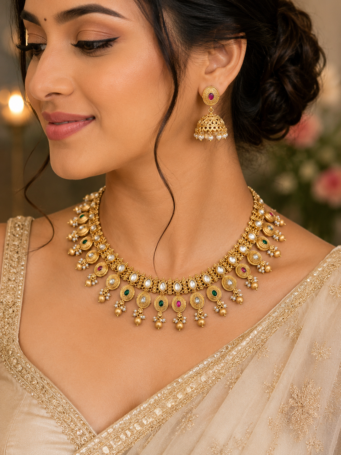 Brass High Gold Antique Necklace Set with Earrings