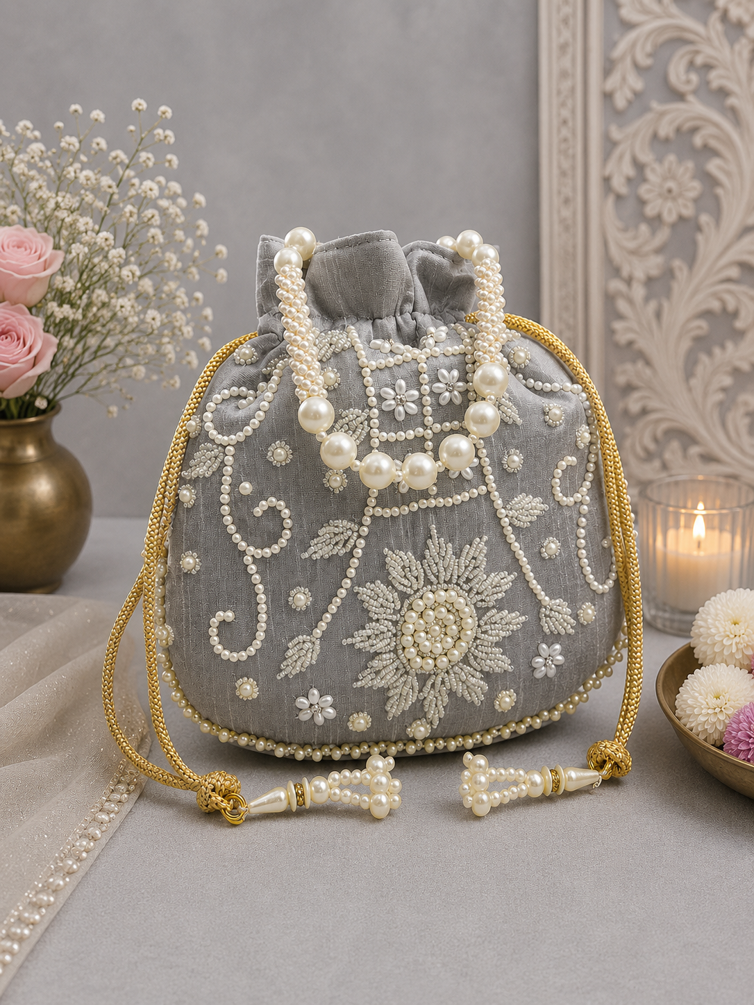 Elegant Pearl Embroidered Designer Potli Bag