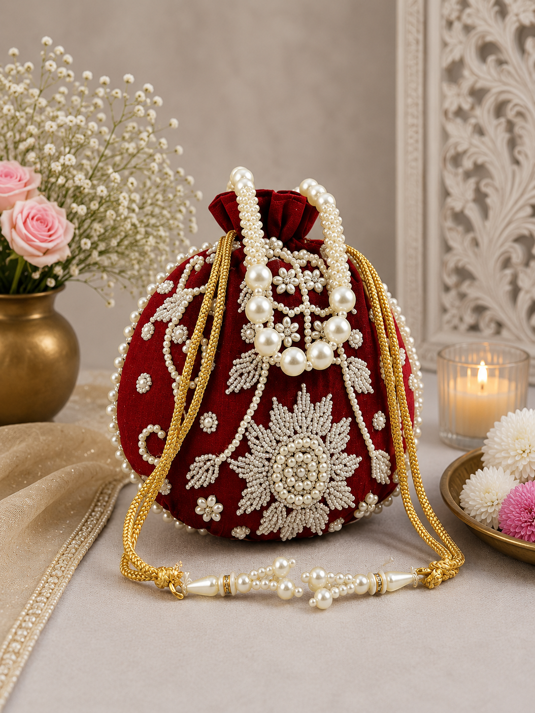 Elegant Pearl Embroidered Designer Potli Bag