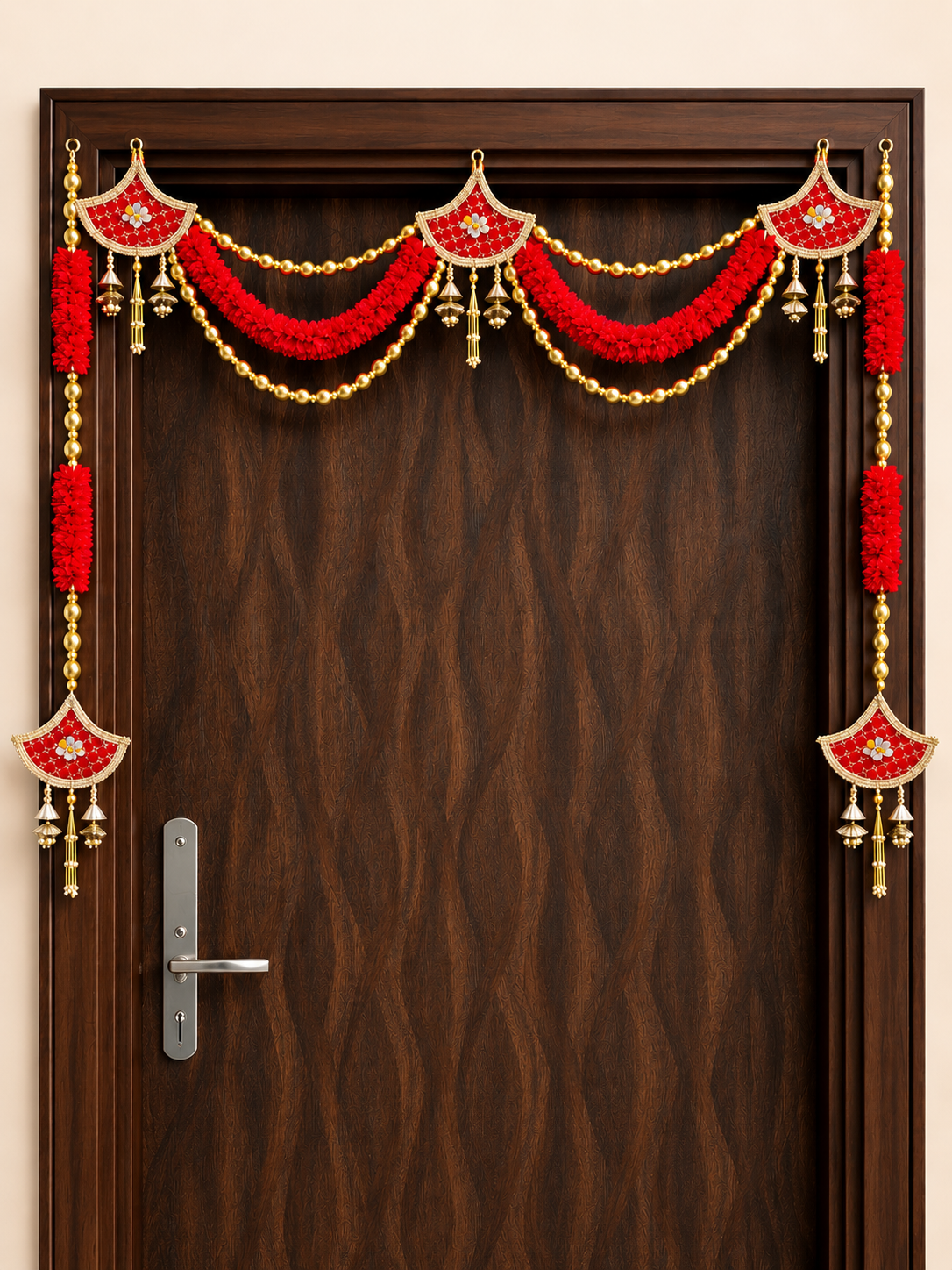 Diya Shape Red & Gold Toran Set (3 Pieces)