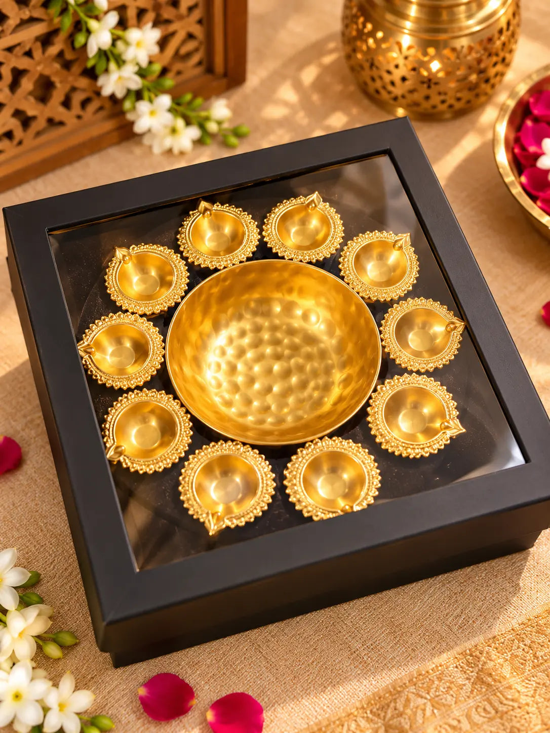 Diya Urli with Black Gift Box – 10 Inch Golden Decorative Urli