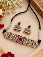 Traditional Dual Tone Choker Necklace Set – Multicolor & Pink
