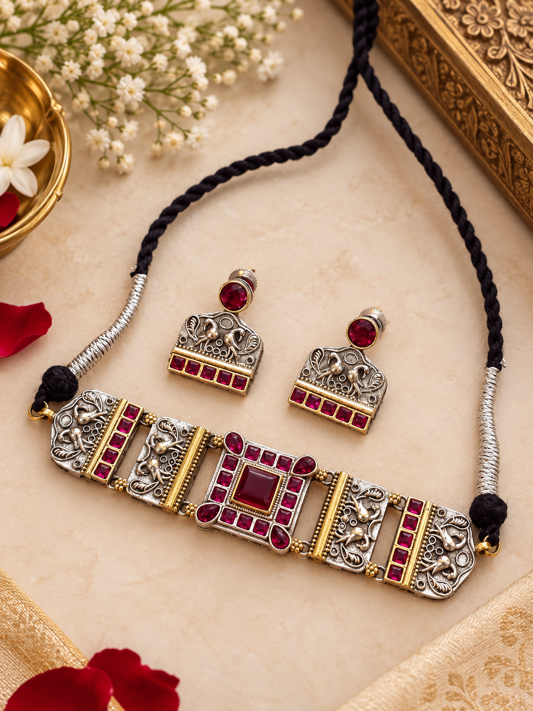 Traditional Dual Tone Choker Necklace Set – Multicolor & Pink