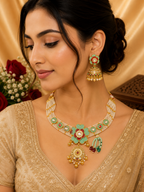 Elegant Mint Green Floral Choker Necklace Set with Earrings – Premium Finish