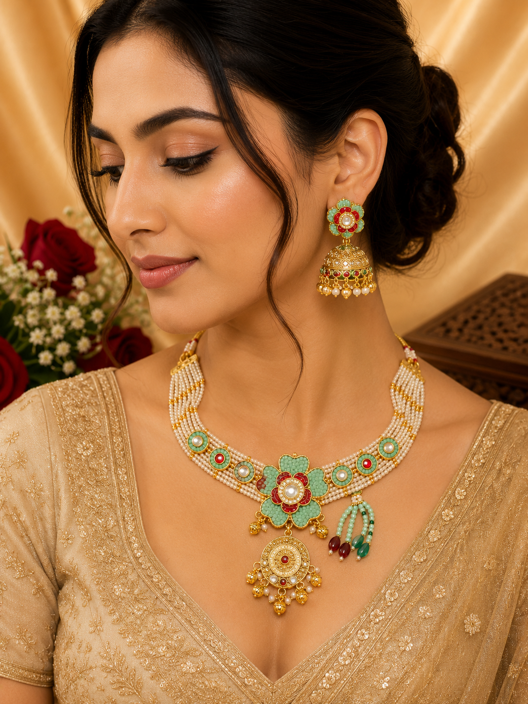 Elegant Mint Green Floral Choker Necklace Set with Earrings – Premium Finish