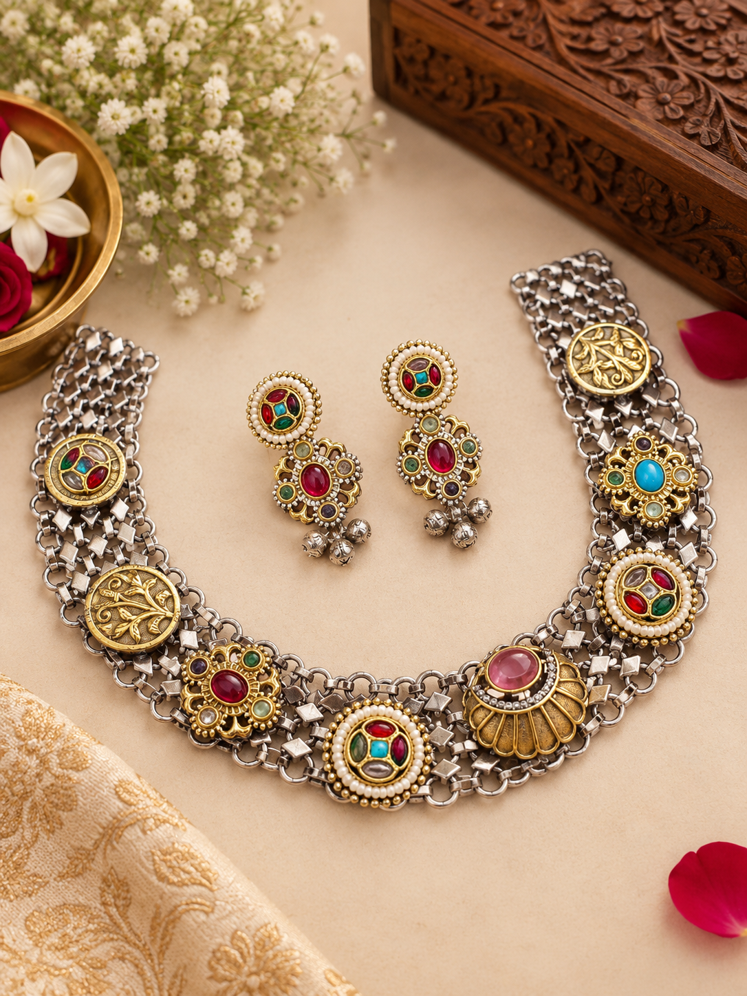 Fusion Dual Tone Necklace Set with Matching Earrings | Traditional Indian Statement Jewelry
