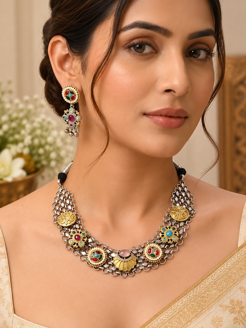 Fusion Dual Tone Necklace Set with Matching Earrings | Traditional Indian Statement Jewelry