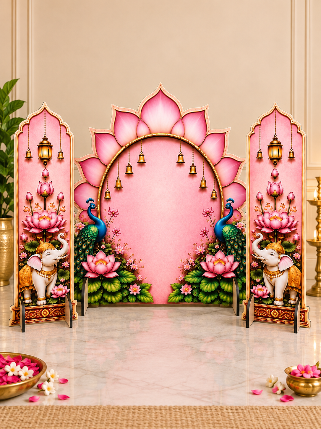A decorative pink and gold Hindu festival backdrop set featuring a central pink lotus arch with peacocks and elephants, flanked by two matching side panels with hanging lanterns and lotus flowers.