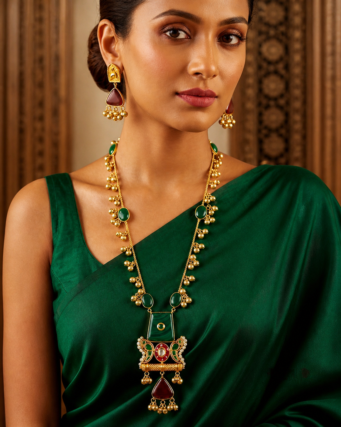Ghungroo Necklace Set with Mona Lisa Stones & Earrings – Traditional Statement Jewelry