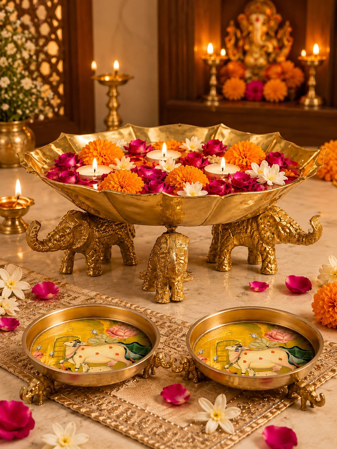 1 Elephant Lotus Urli With 2 Meena Elephant Urli Set