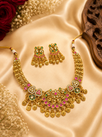 Heritage Gold Floral Pink & Green Necklace Set with Earrings