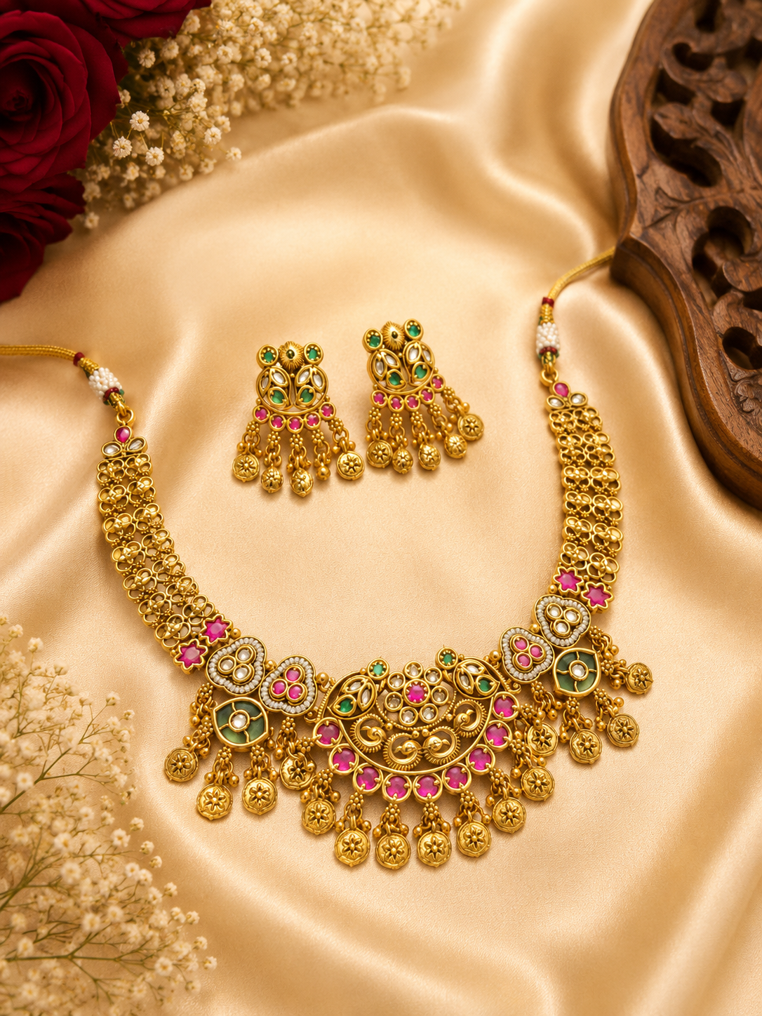 Heritage Gold Floral Pink & Green Necklace Set with Earrings