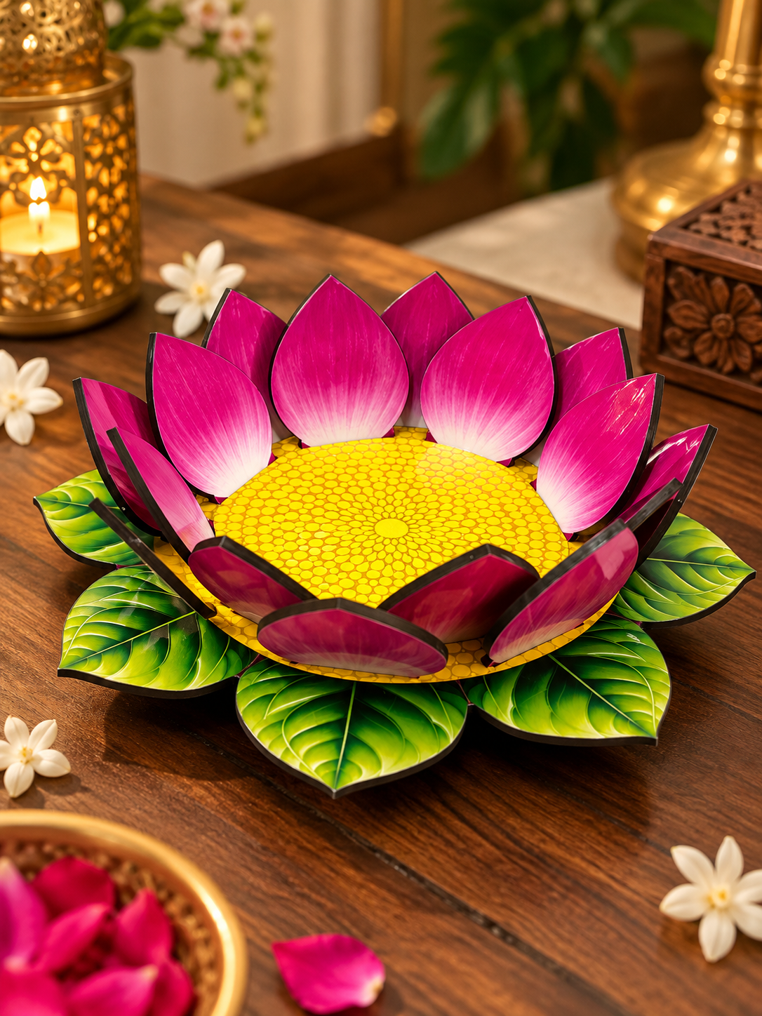 MDF Lotus Flower Decoration | Decorative Pink Lotus with Green Leaves