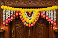 Handcrafted Marigold Floral Pompom Door Toran with Bells