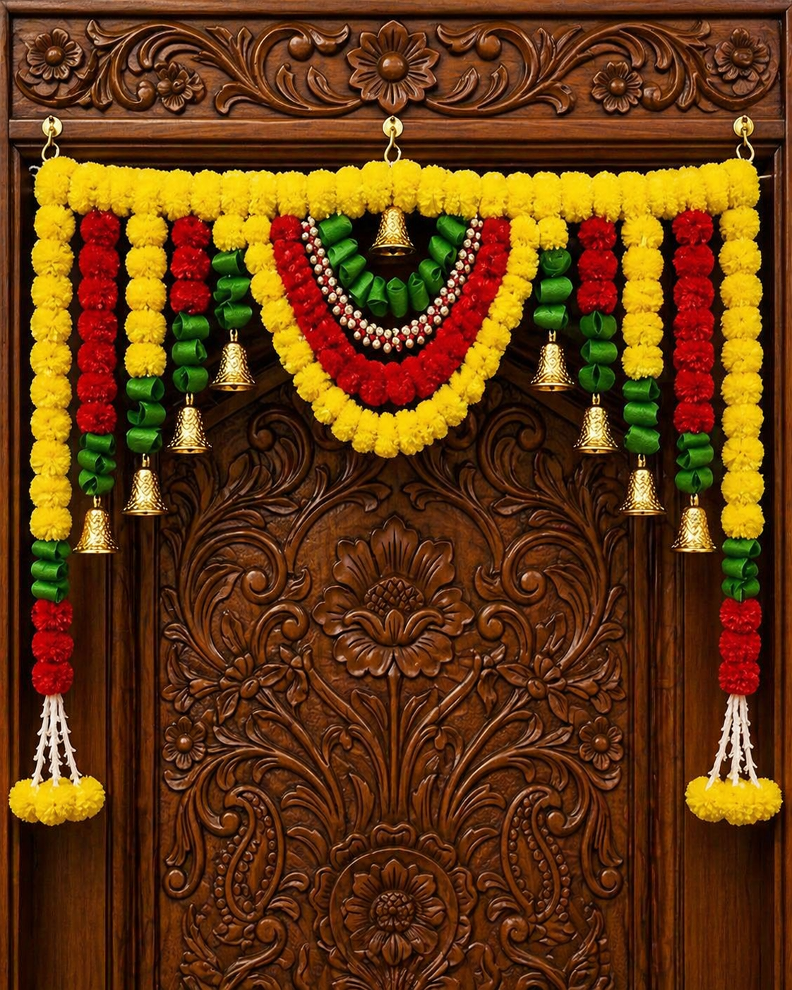 Handcrafted Marigold Pom-Pom Door Toran with Bells | Festive Door Hanging Decor