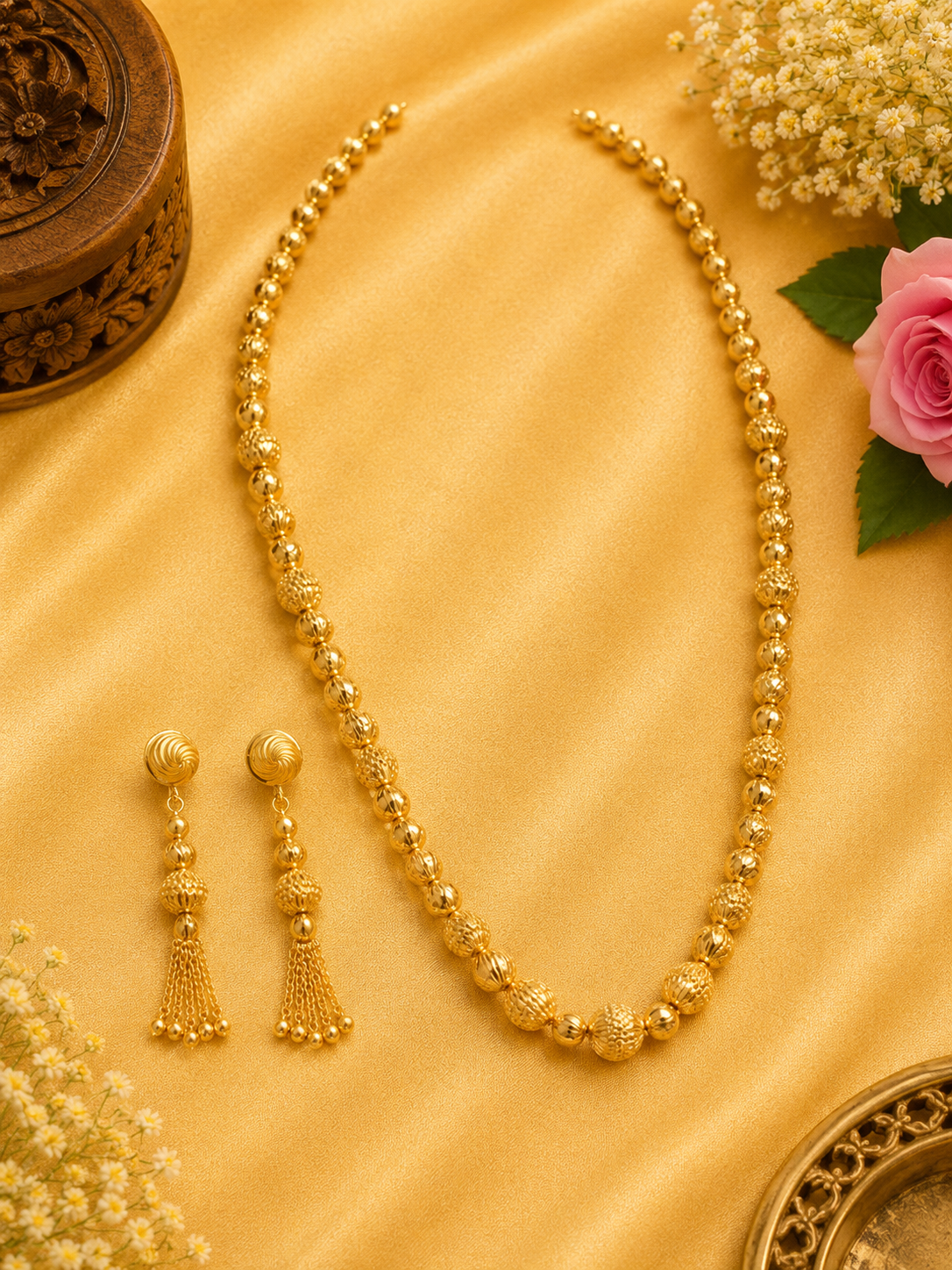 Microfinish Gold Mala with Earrings