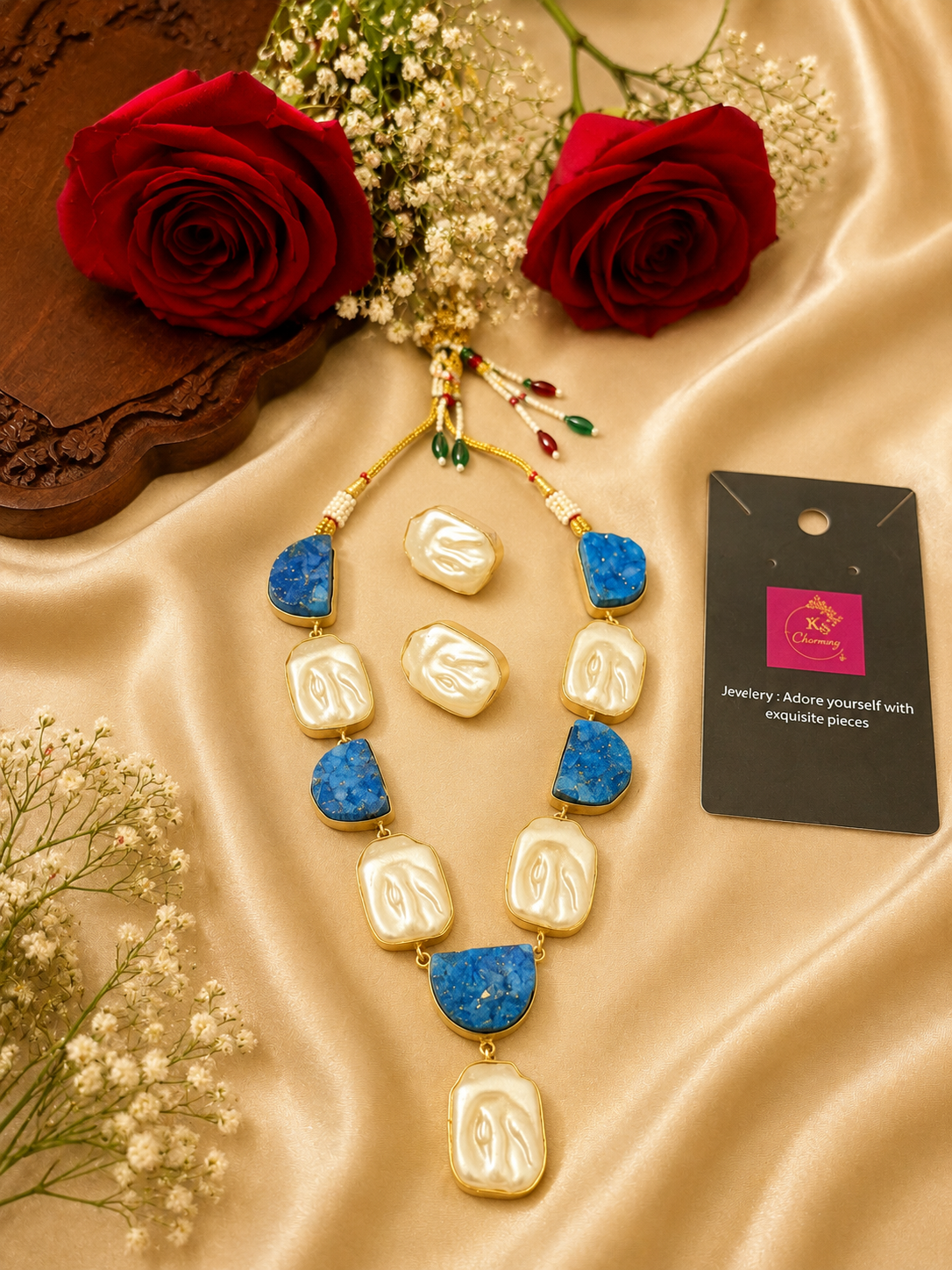 Modern Blue Stone & Pearl Statement Necklace Set
