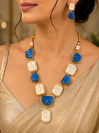 Modern Blue Stone & Pearl Statement Necklace Set