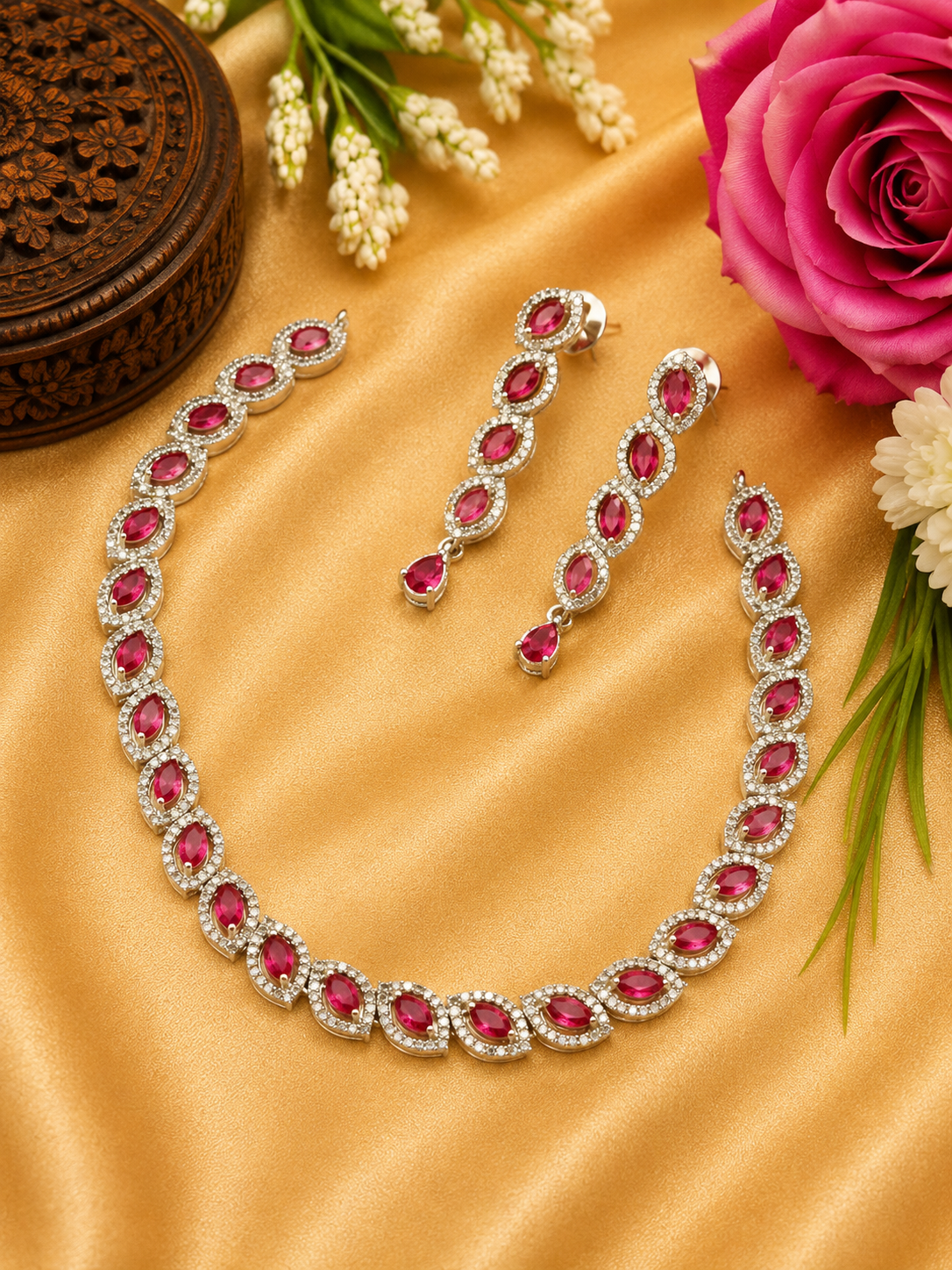 Cubic Zirconia Ruby Pink Necklace Set with Earrings
