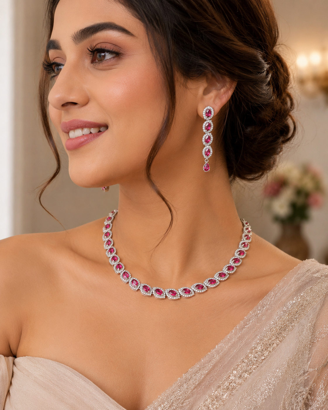 Cubic Zirconia Ruby Pink Necklace Set with Earrings