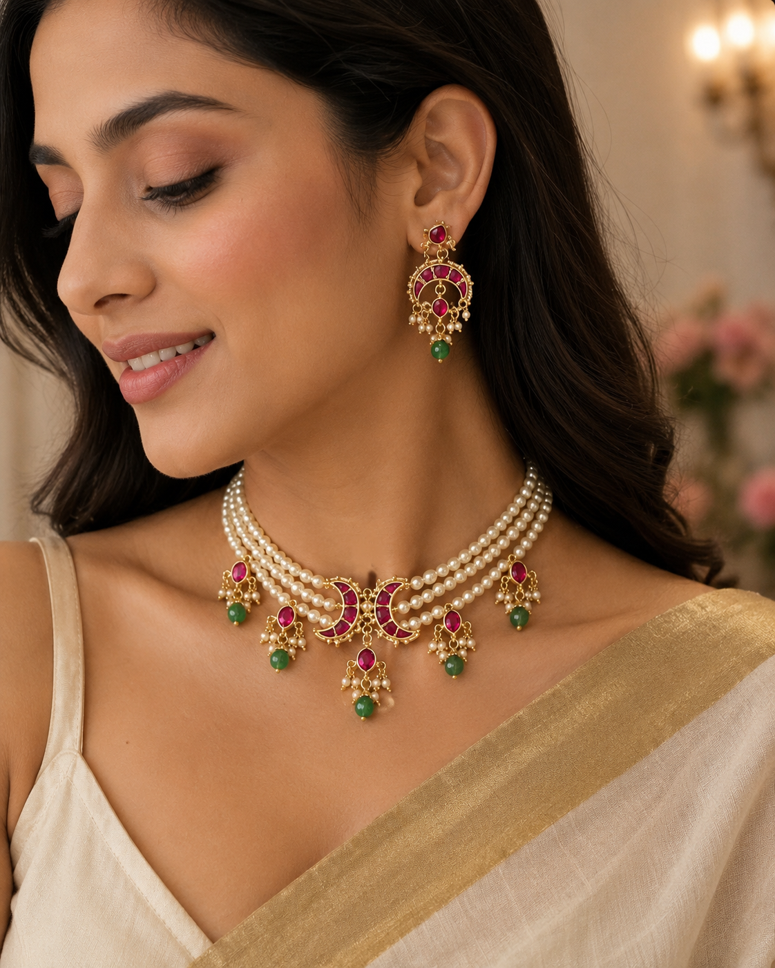 Premium Quality Pearl Choker Set with Earrings