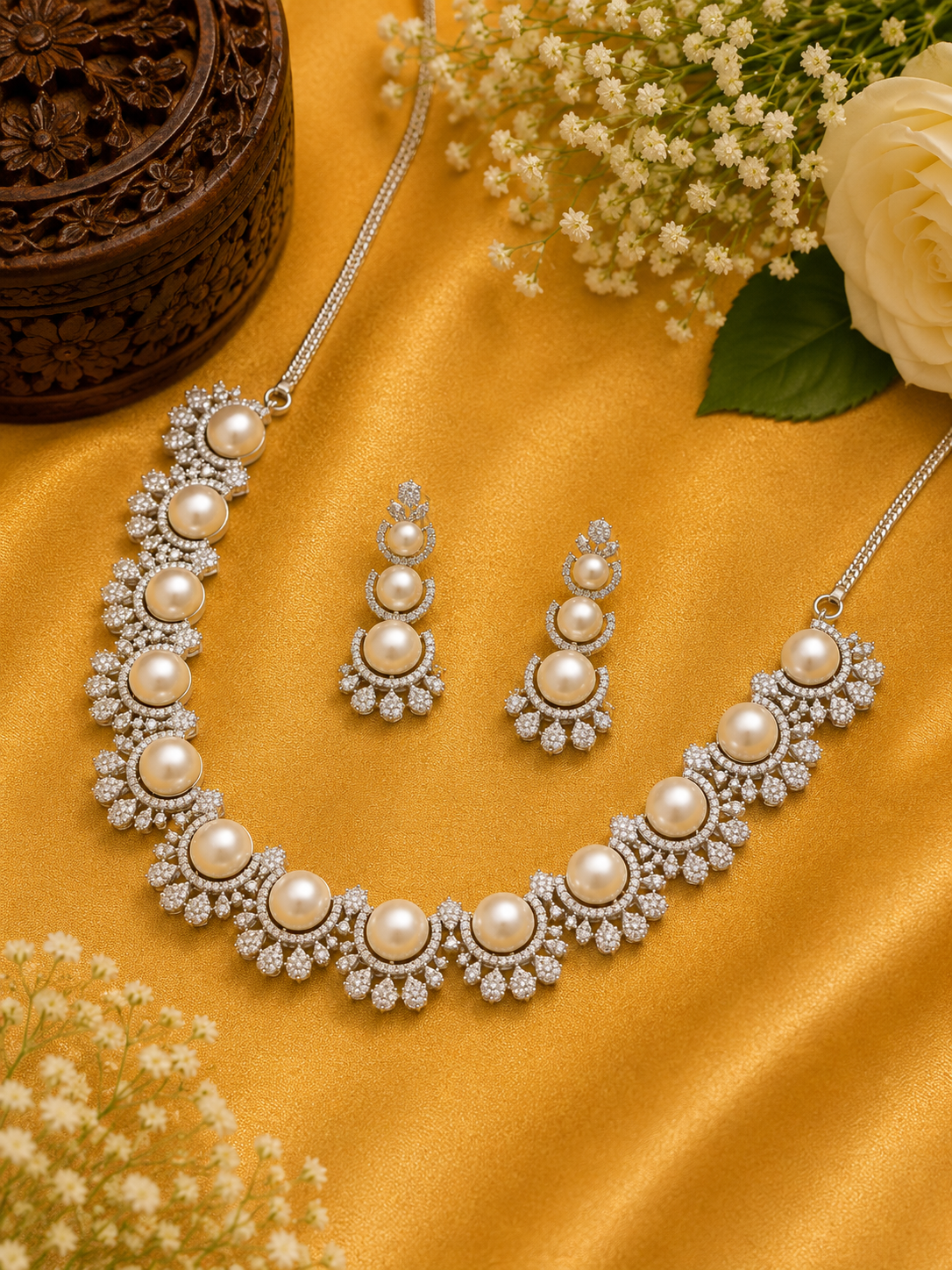 Premium Quality Pearl CZ Necklace Set with Earrings