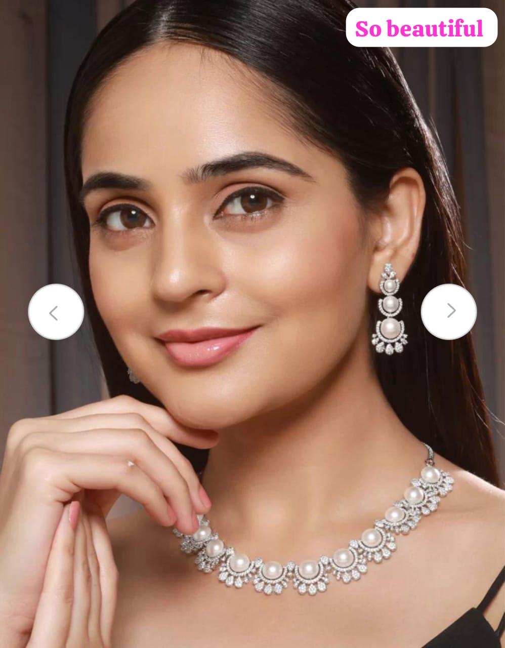 Premium Quality Pearl CZ Necklace Set with Earrings