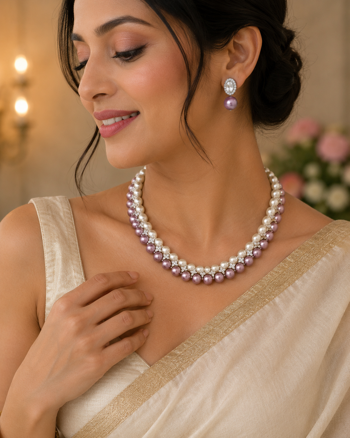 Real Shell Pearl Necklace Set with Earrings