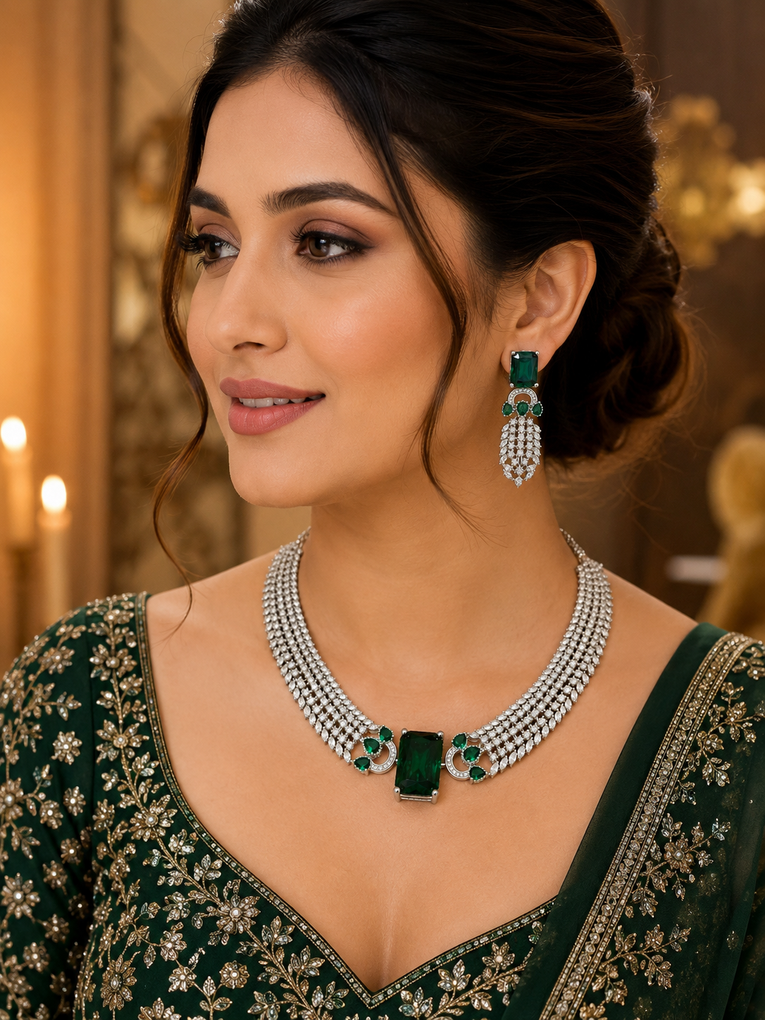 Premium Quality Green AD Necklace Set with Earrings