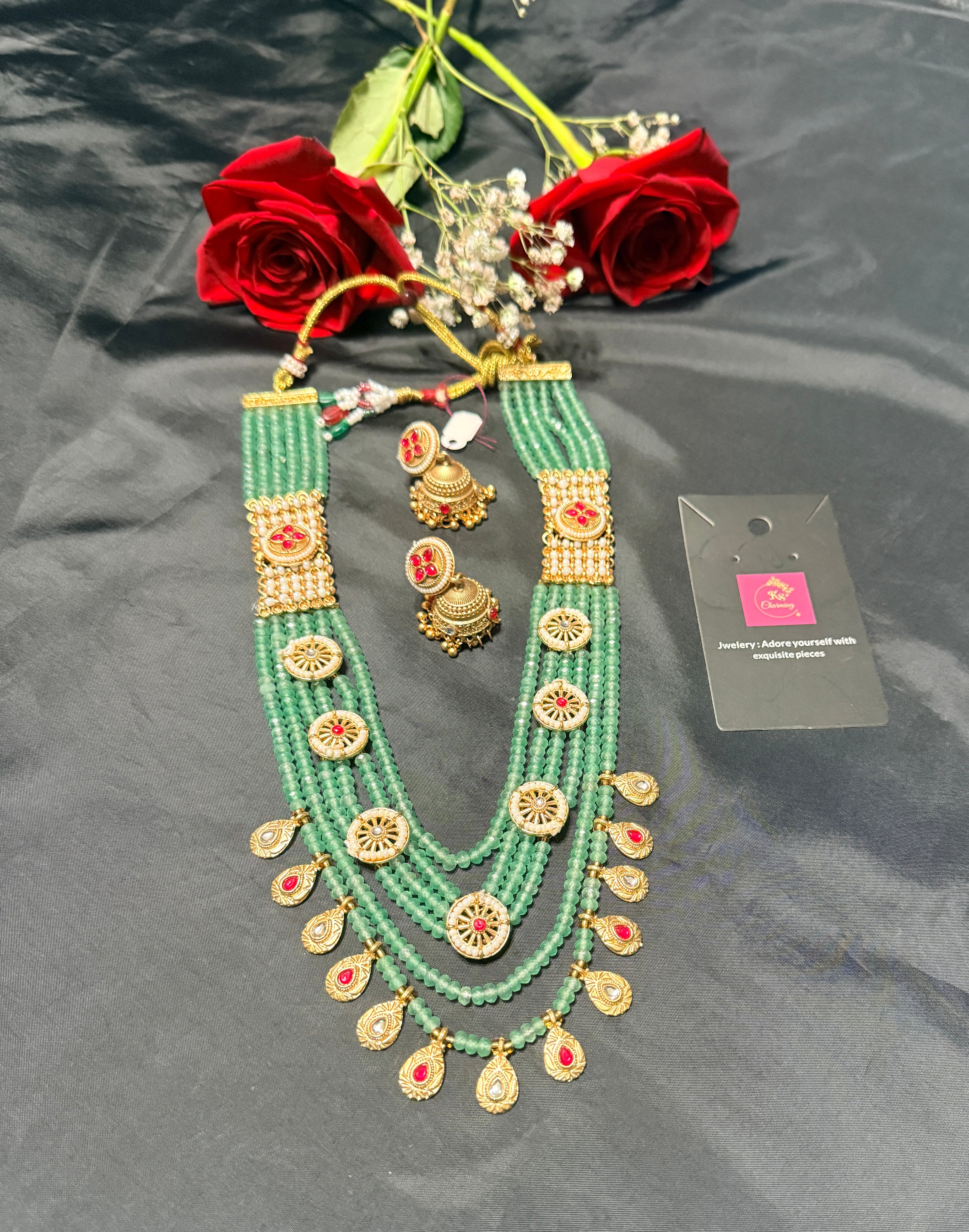 Multi-Layer Green Beaded Necklace Set with Kundan & Jhumka Earrings