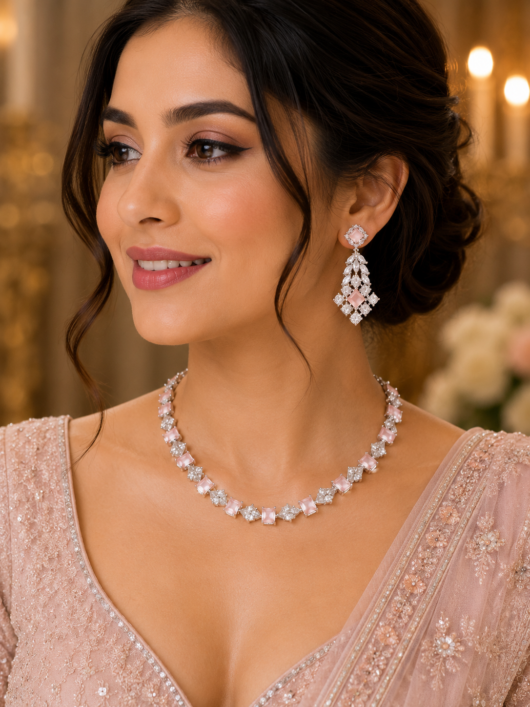Premium Quality Light Pink CZ Set with Earrings
