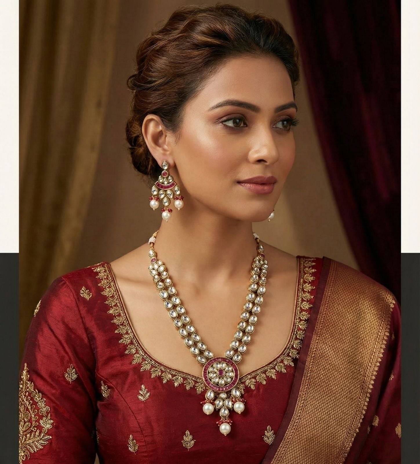 Royal Kundan Pendant Necklace Set with Earrings – Gold & Ruby Finish