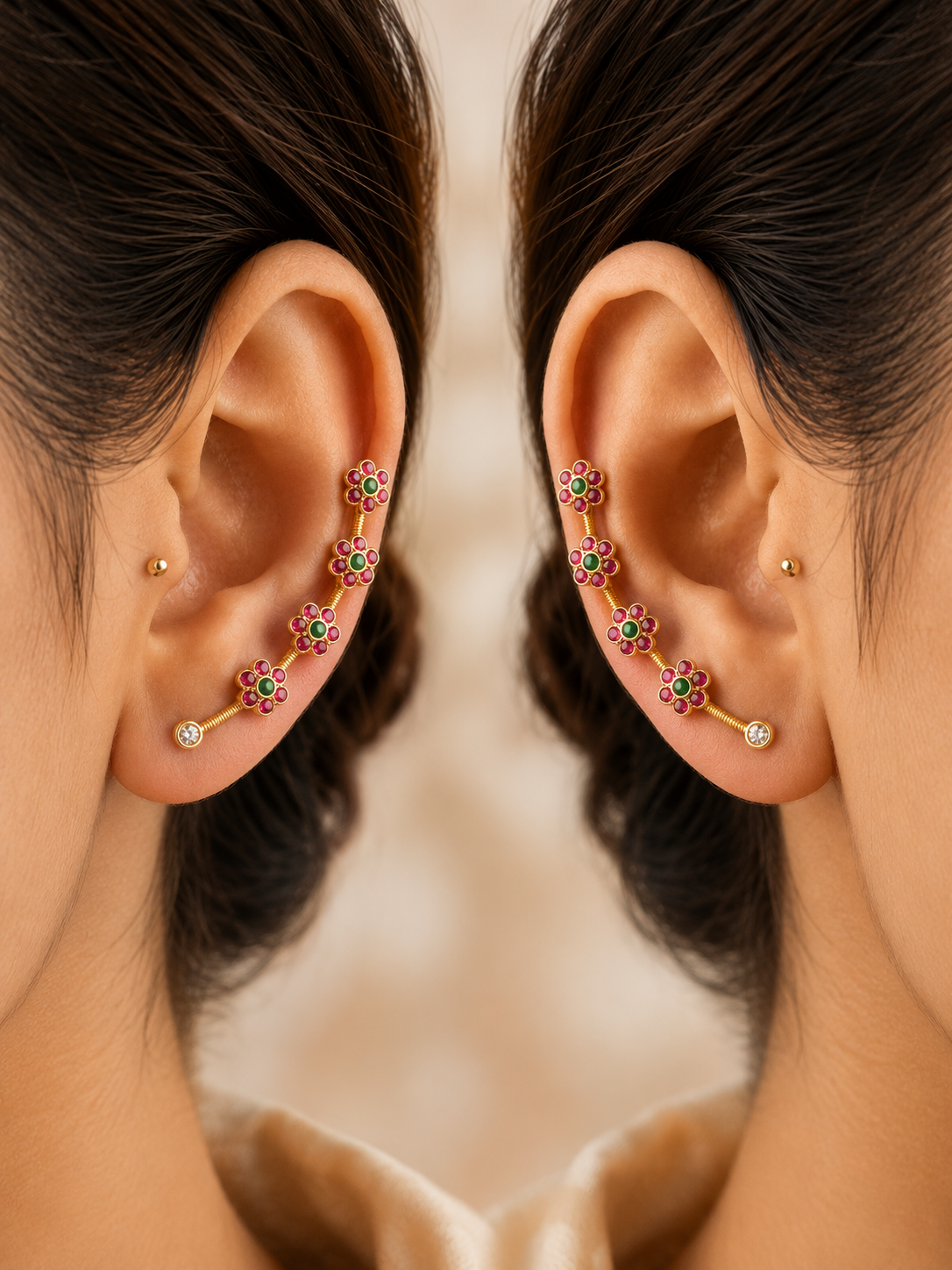 Floral Ear Cuff with Multicolor Stones – Minimal Traditional Ear Climber