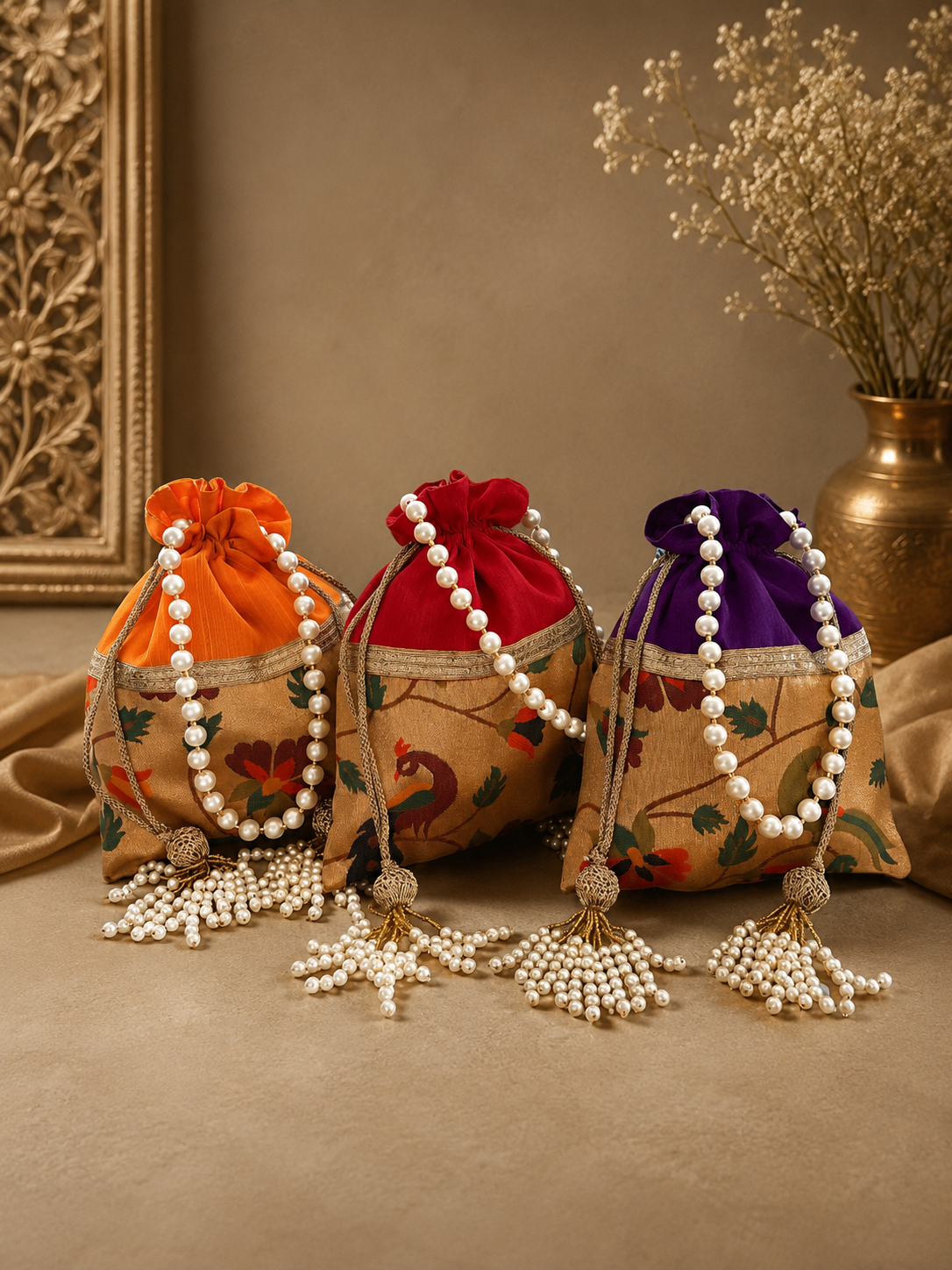 Paithani Potli Bags with Pearl Handle & Tassels