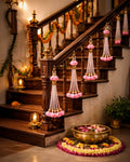 Decorative elements on a staircase with flowers and lights