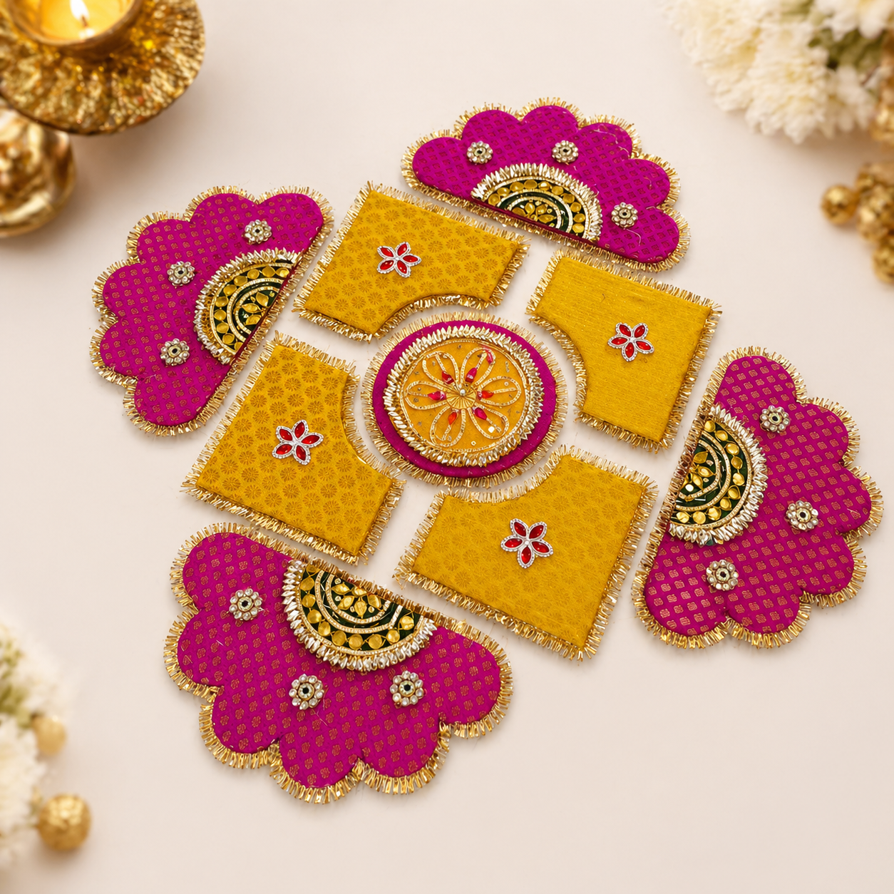Handcrafted Pink & Yellow Gota Patti Rangoli – Premium Festive Floor & Table Décor