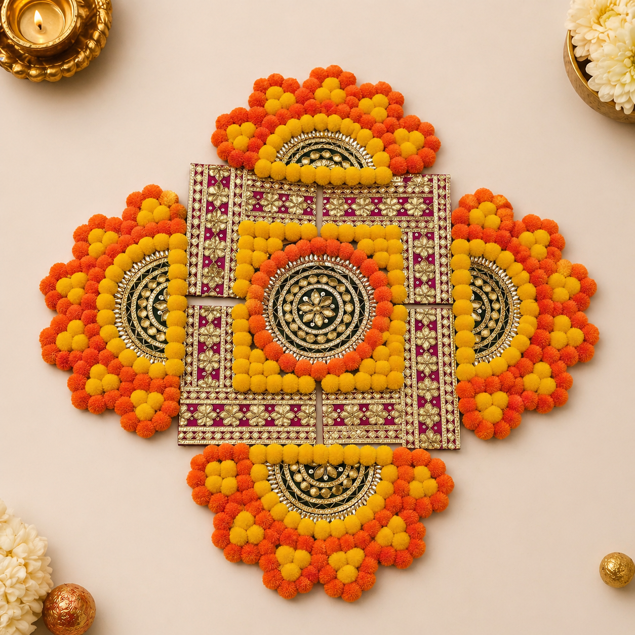 Handcrafted Pompom & Gota Patti Rangoli – Festive Decorative Floor