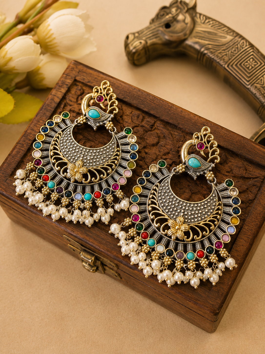 Premium Dual Tone Peacock Chandbali Earrings