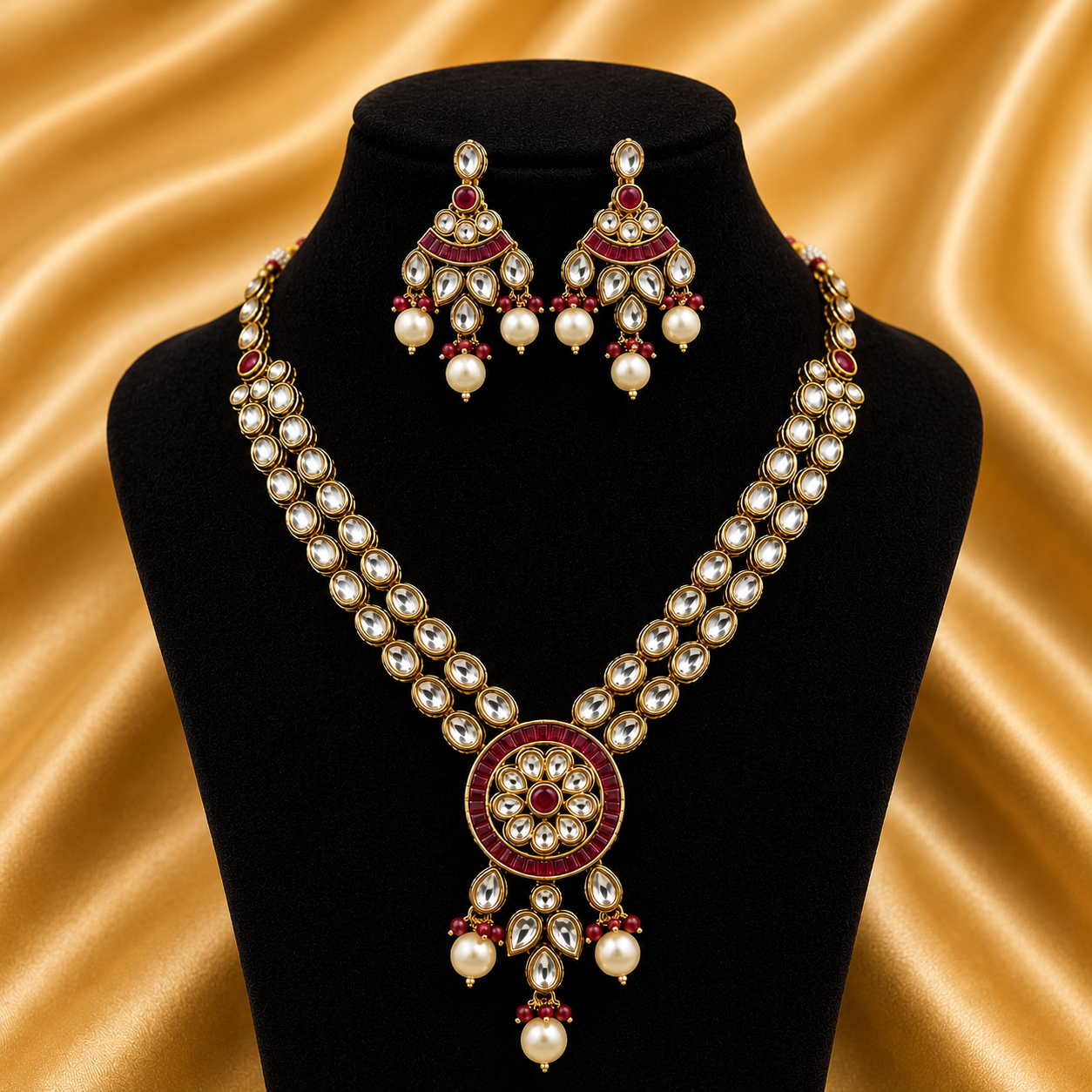 Royal Kundan Pendant Necklace Set with Earrings – Gold & Ruby Finish