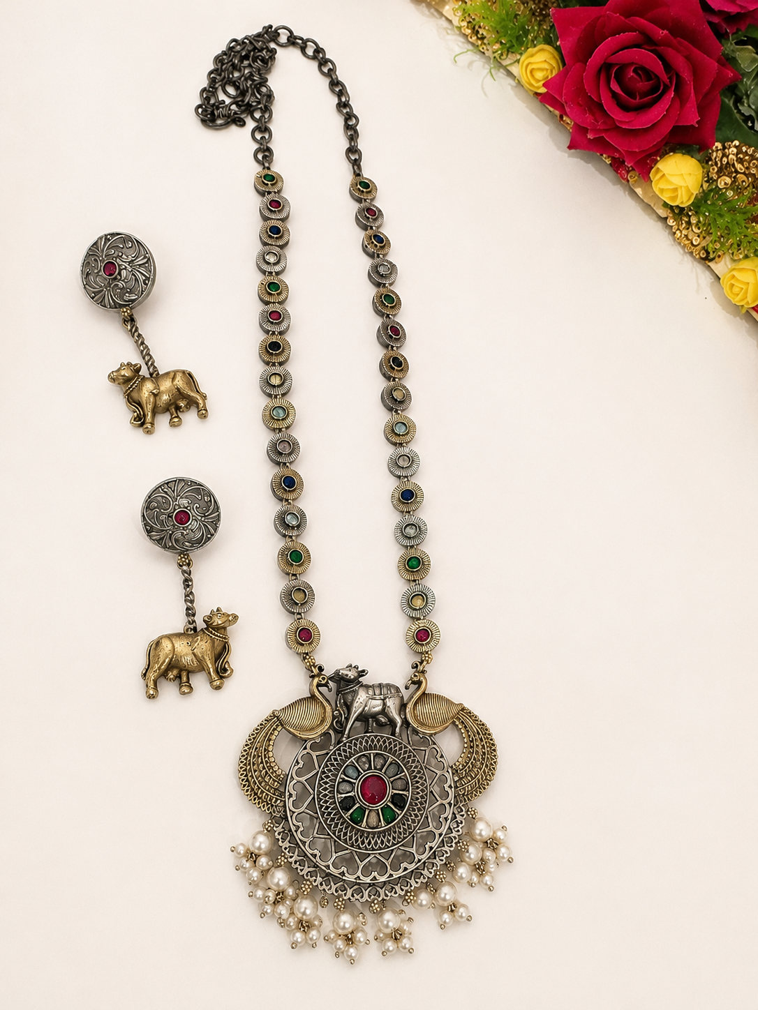 Traditional Dual Tone German Silver Stone Necklace Set - KS Charming